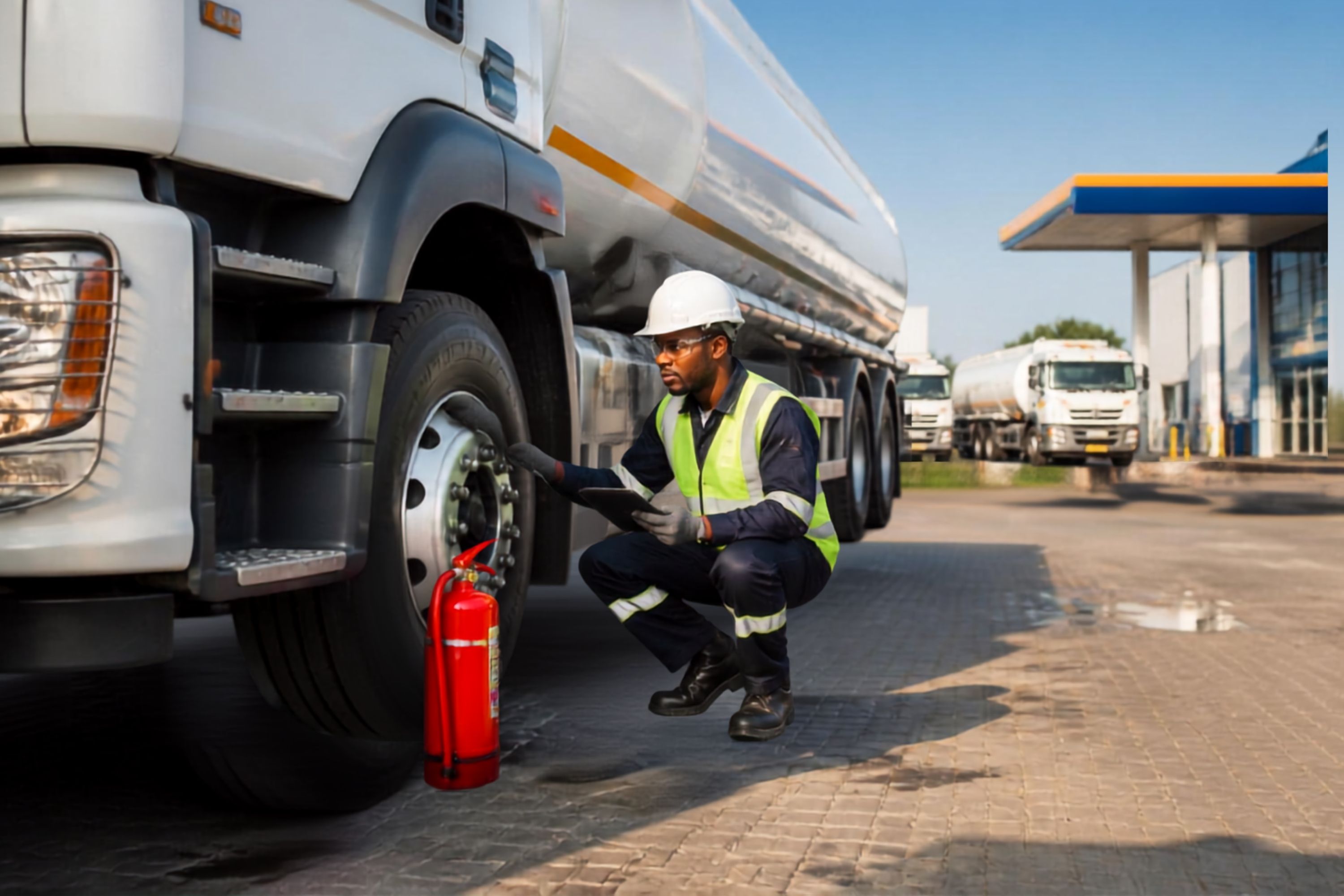 Professional petroleum tanker driver inspecting truck before departure