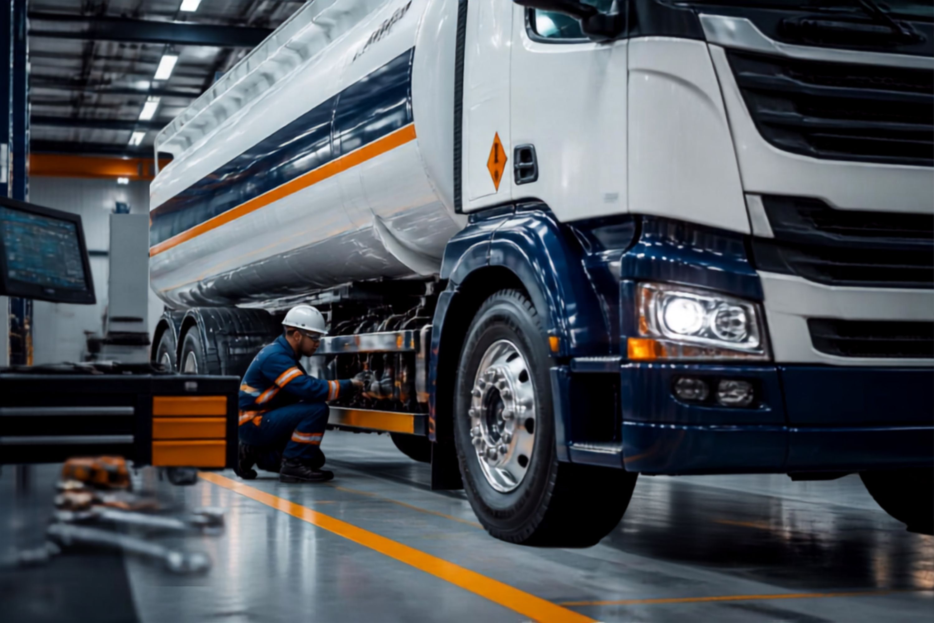 Fleet maintenance technician inspecting a petroleum tanker truck during preventive maintenance at Dikus Transporters' workshop in Kenya.