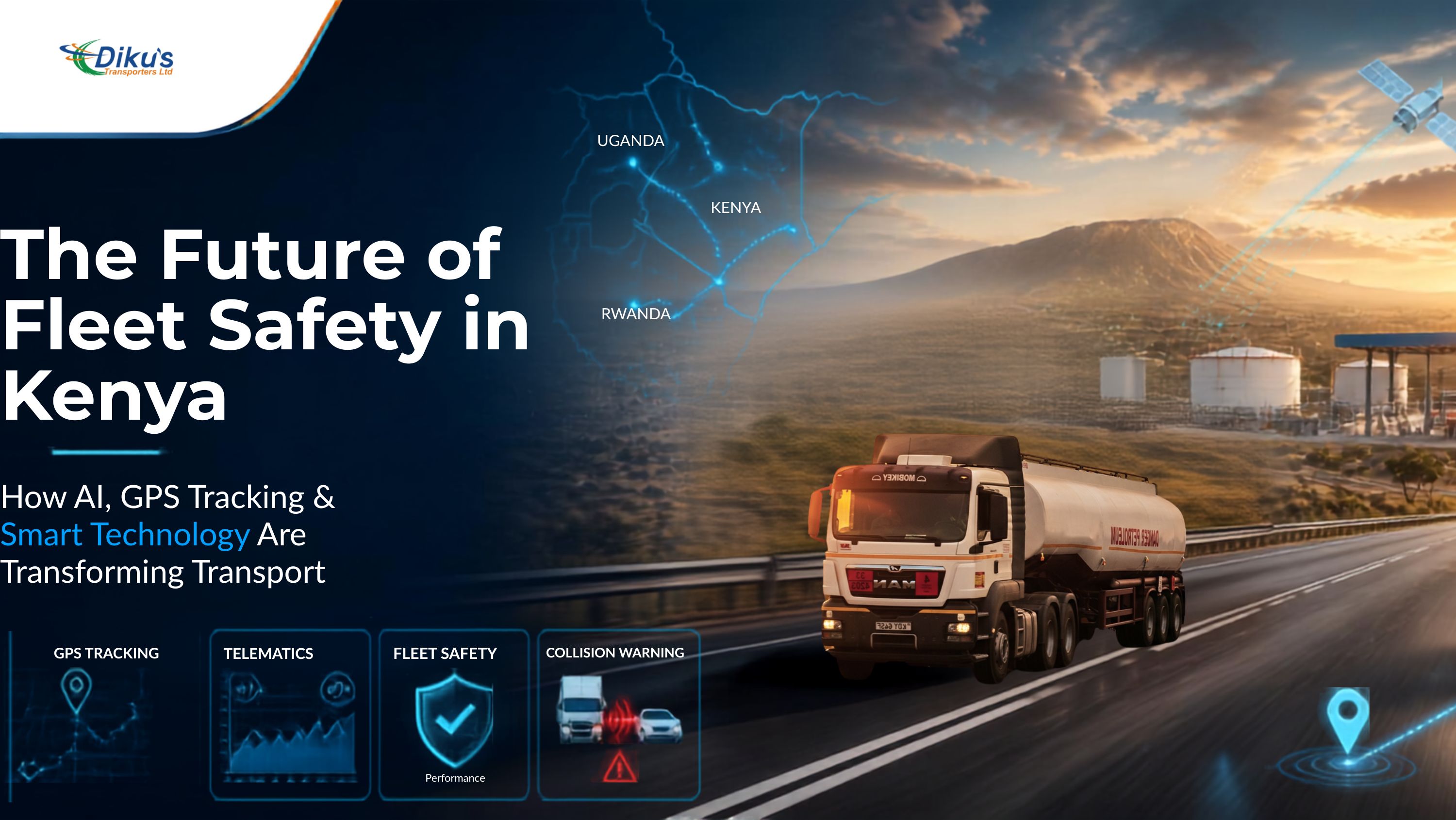 Modern petroleum tanker truck on a Kenyan highway using GPS fleet tracking and AI-powered safety technology