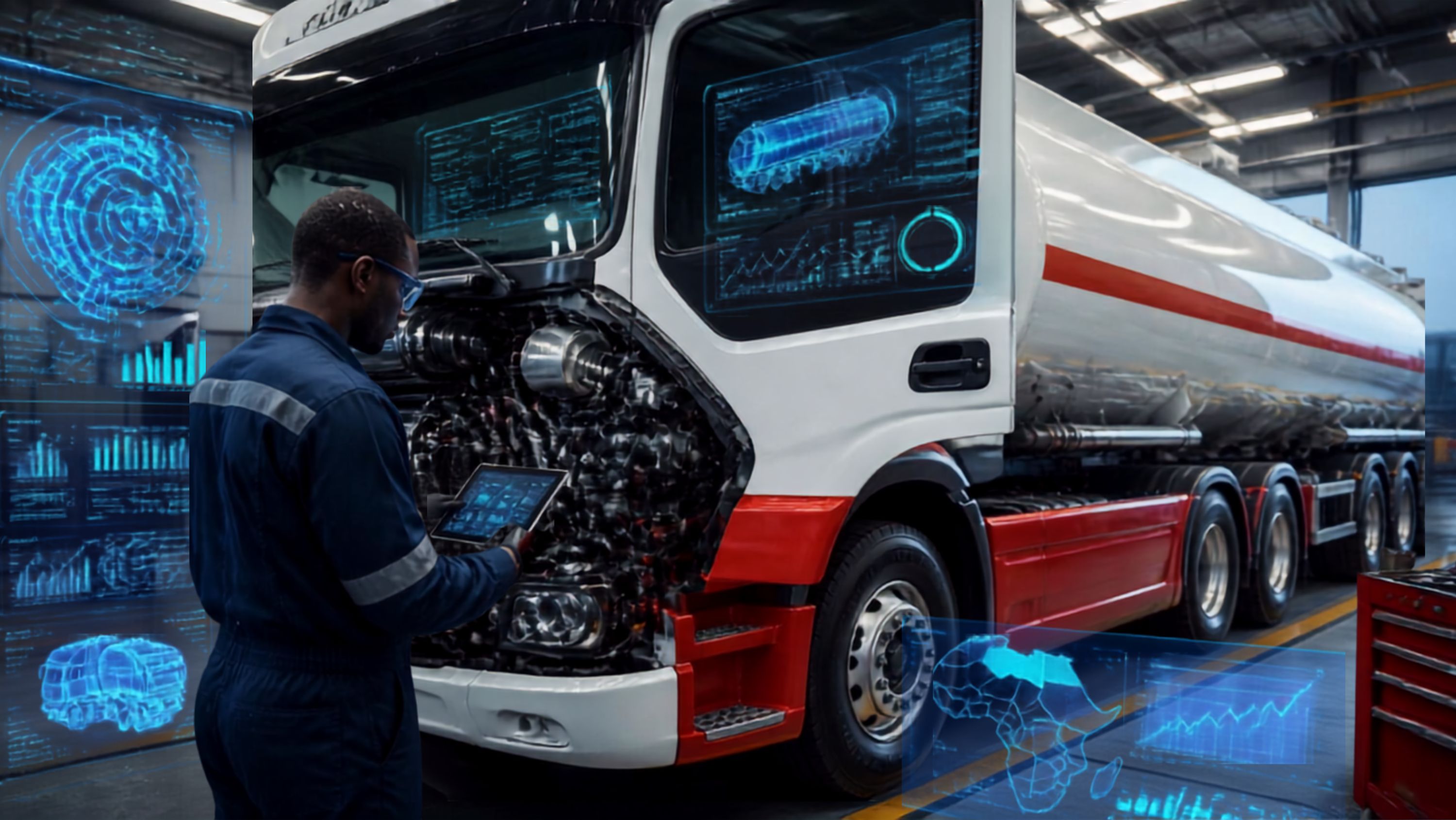 Fleet maintenance technician inspecting a petroleum tanker truck using AI predictive maintenance technology in Kenya