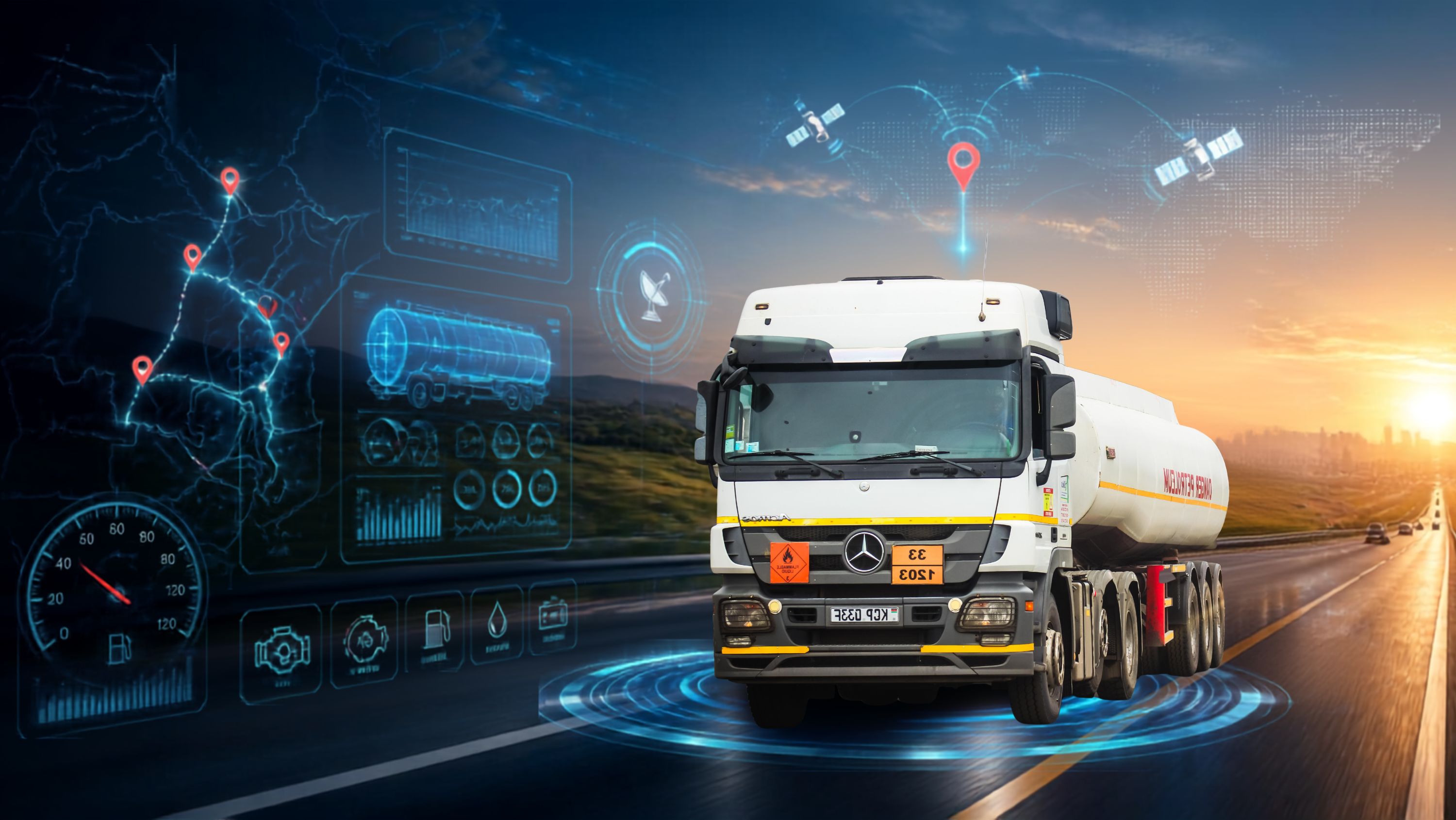 Modern petroleum tanker truck using GPS tracking and telematics technology for real-time fleet monitoring in Kenya
