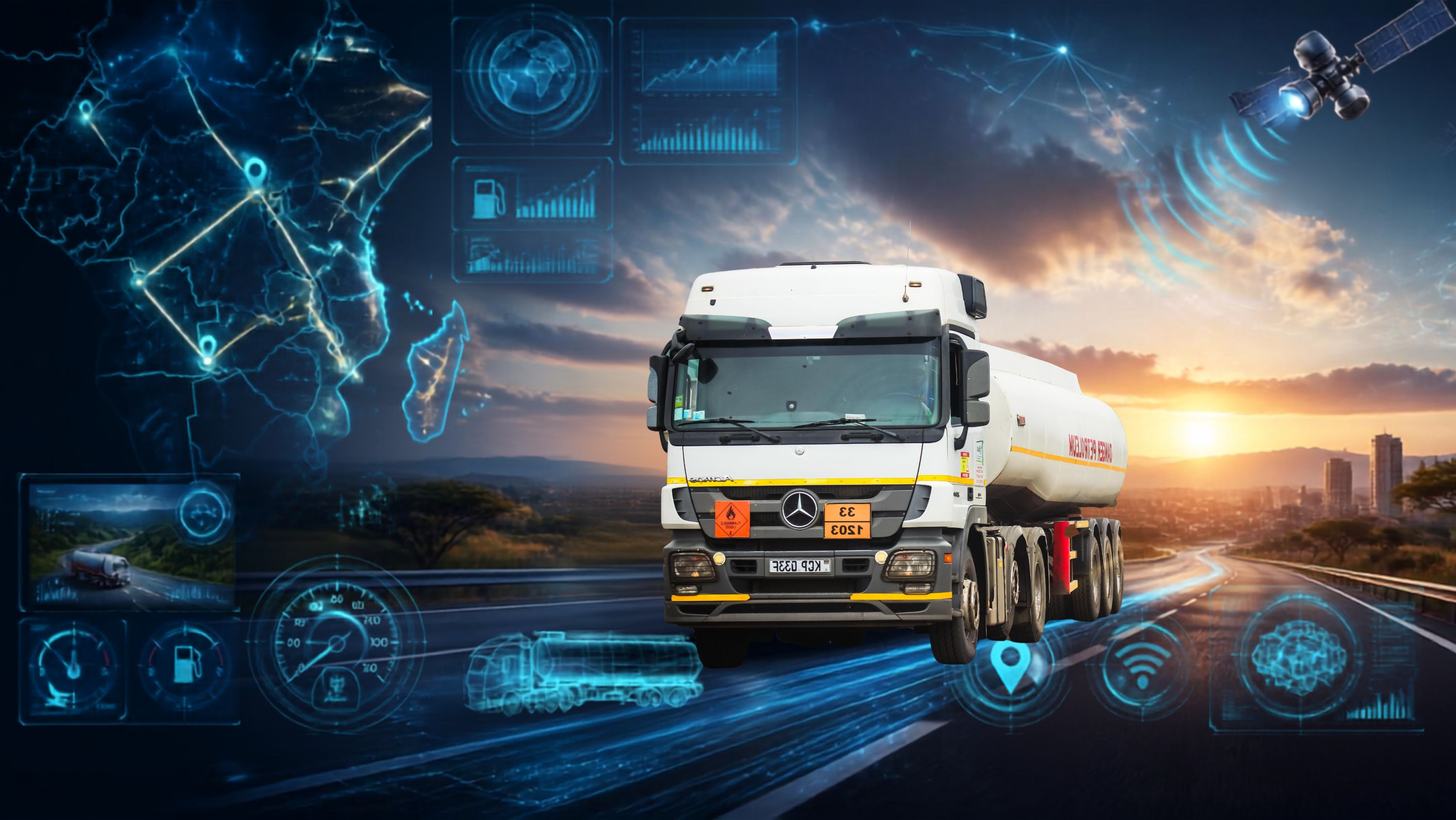 Modern petroleum tanker truck on a Kenyan highway with AI fleet monitoring, GPS tracking, and digital logistics technology overlays.