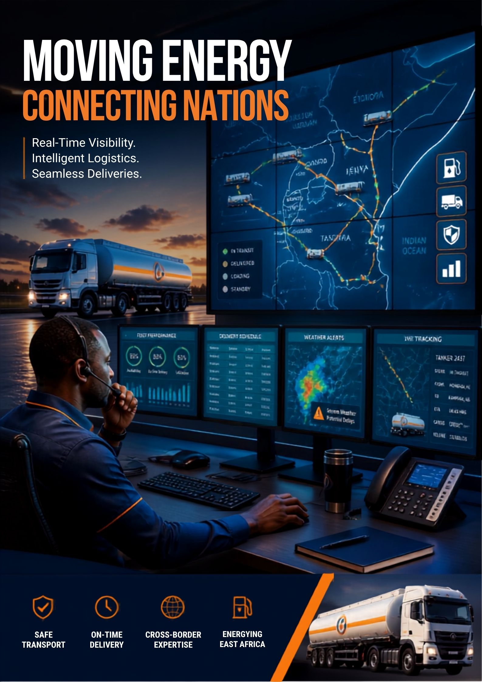 Fleet control room monitoring petroleum transport operations