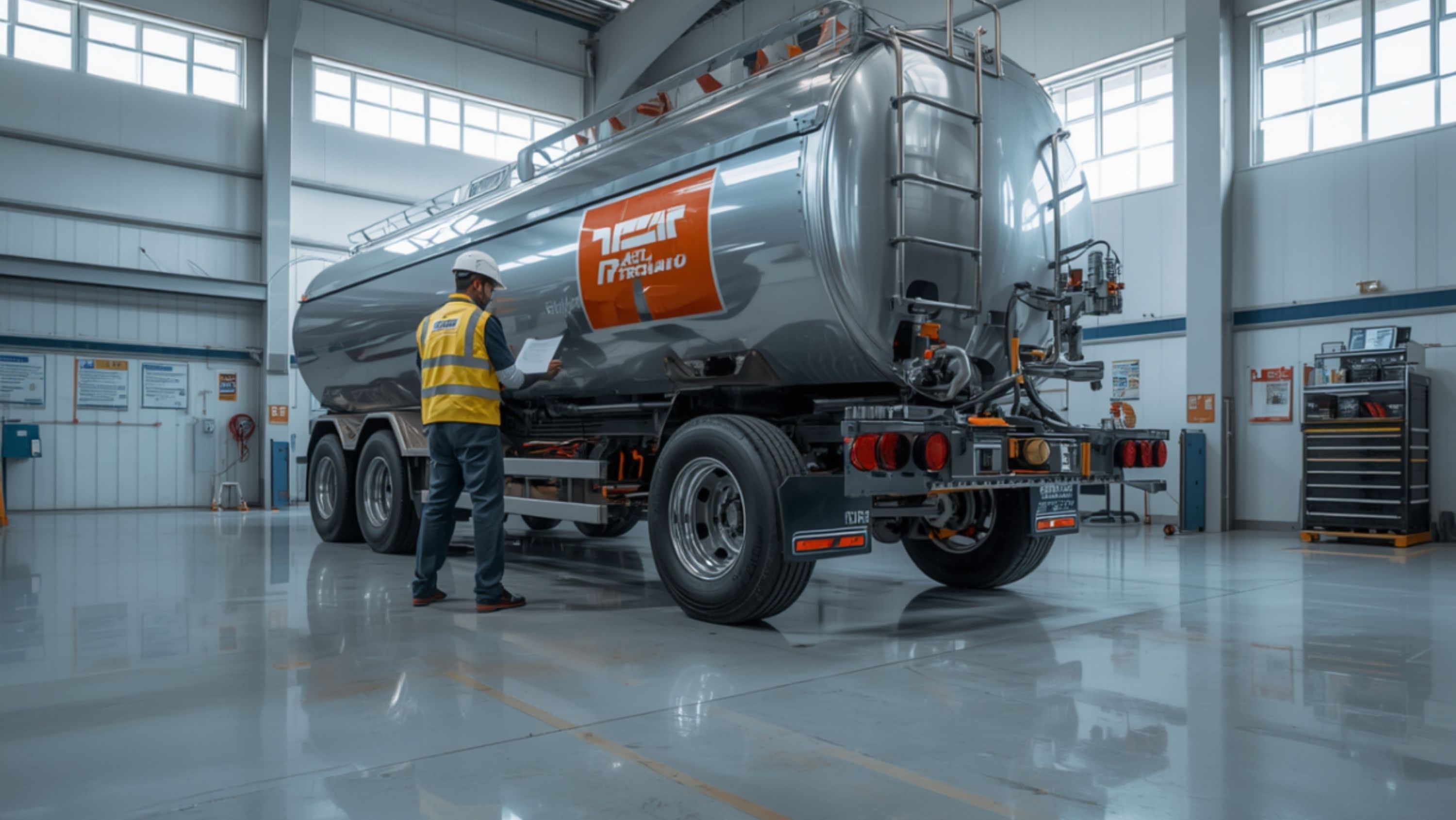 Engineer performing preventive maintenance on a fuel tanker truck